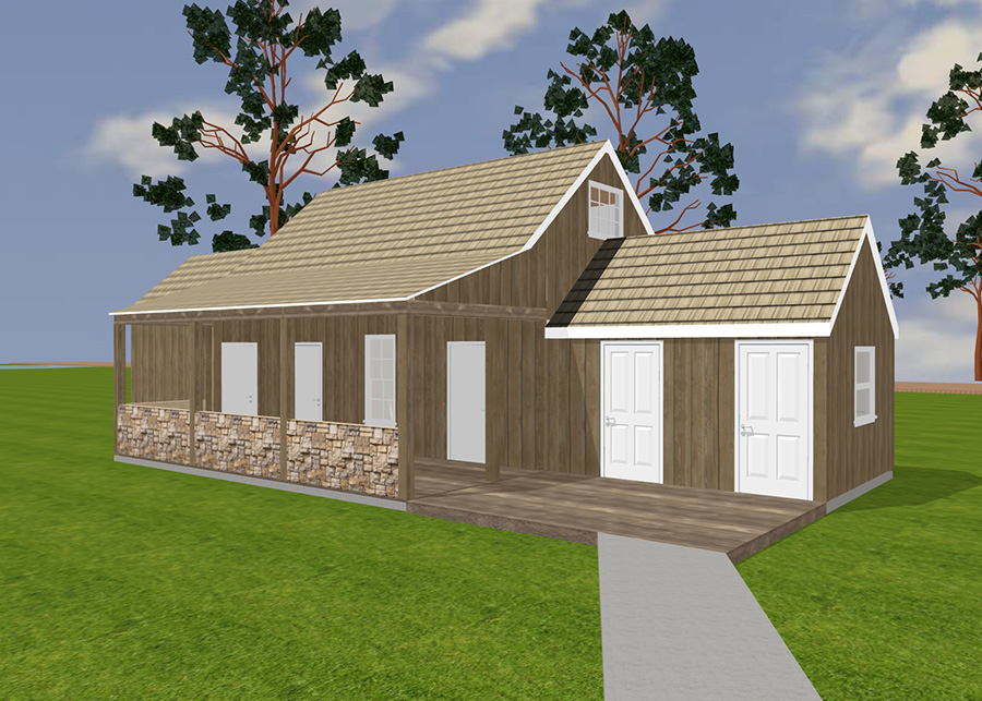 A digital rendering of the thatched side house, fully restored to its original form